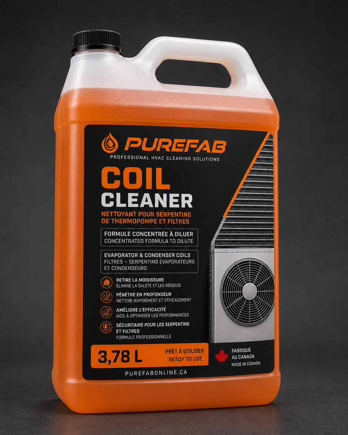 PureFab Coil Cleaner — bouteille 3,78 L, nettoyant professionnel pour thermopompe et climatiseur
