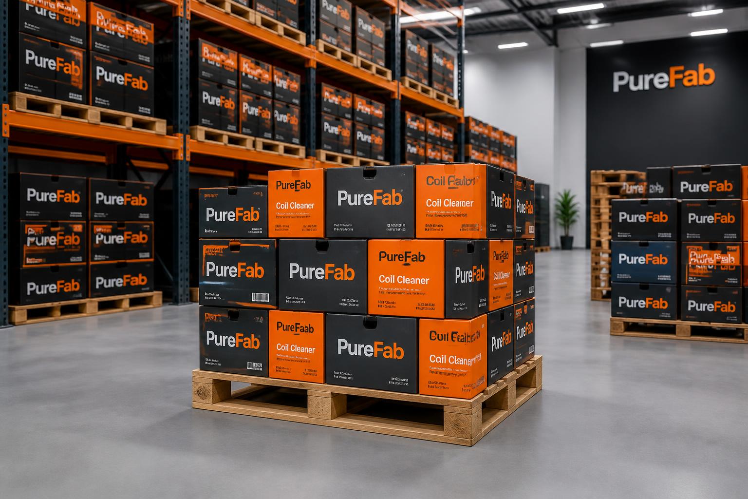 PureFab product boxes stacked on pallets in a warehouse
